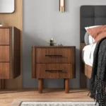 Logan mid century modern walnut nightstand with two drawers bedside table in bedroom