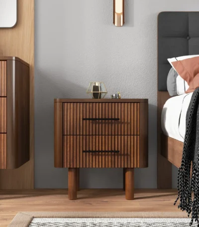 Logan mid century modern walnut nightstand with two drawers bedside table in bedroom