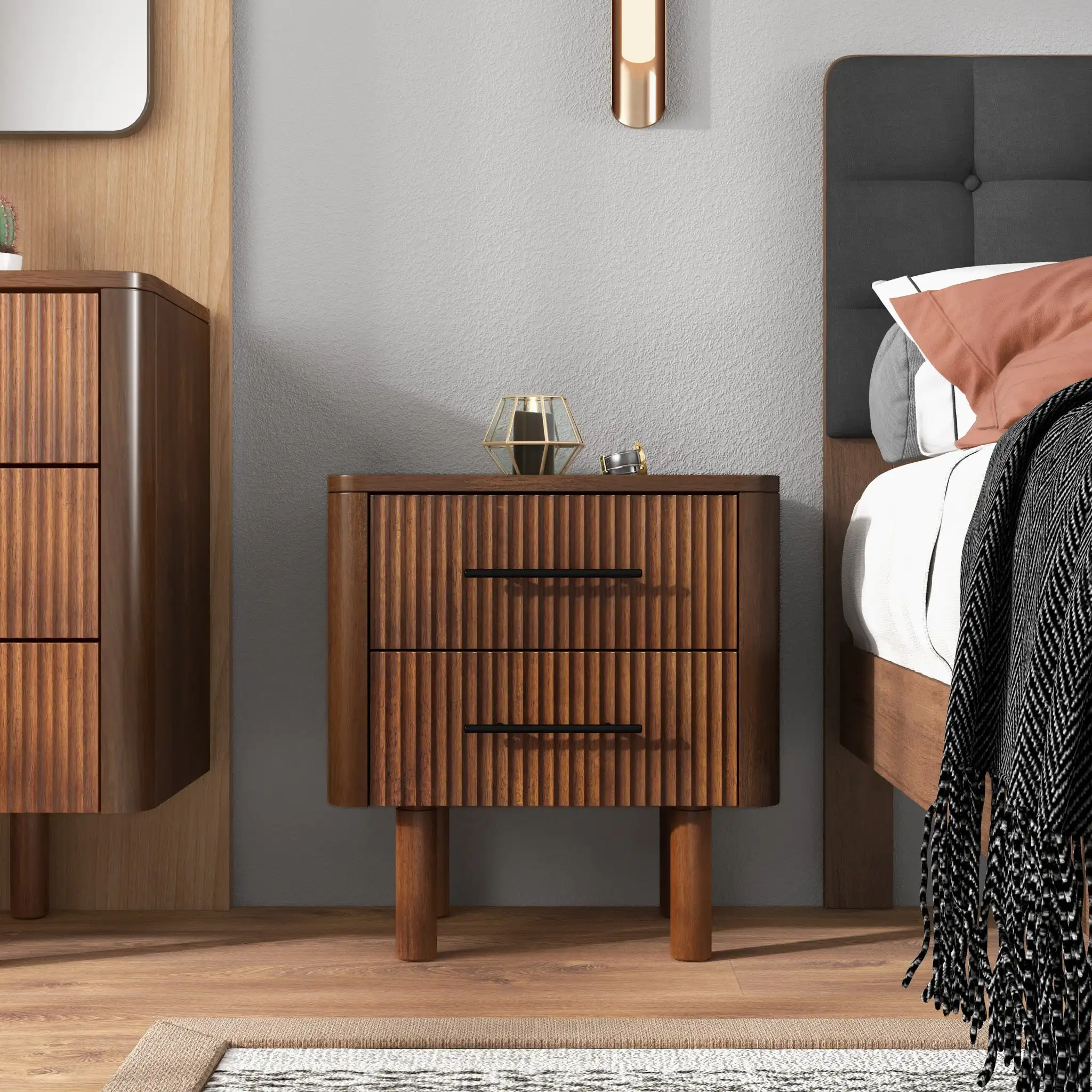 H9b98abf1117d48ffa7108f336bd8bbf62.webp Logan mid century modern walnut nightstand with two drawers bedside table in bedroom