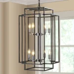 Goldoma 18-inch modern geometric pendant chandelier with industrial metal frame, hanging from ceiling in a living room