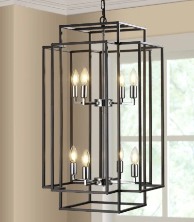 Goldoma 18-inch modern geometric pendant chandelier with industrial metal frame, hanging from ceiling in a living room