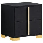 Jeremiah Black modern nightstand with drawers in glossy black finish and gold accents