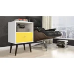 White and yellow nightstand with drawer and open shelf in a bedroom setting