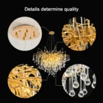 Modern gold chandelier with crystal branches illuminating a dining room