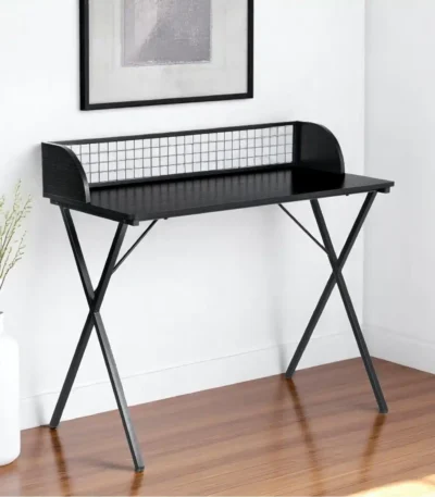 HMS 39" Modern X-Shape Computer Desk Black Wood and Metal Portable and Folding for Bedroom or Hotel