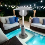 Goldoma patio heater glowing orange in a winter garden, surrounded by snow-covered plants and outdoor furniture.