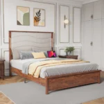 Goldoma LED king bed frame with upholstered headboard and charging station in a modern bedroom