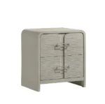 Modern 2-drawer nightstand beige with textured metal handles next to bed