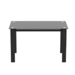 Modern black glass rectangular dining table with tempered glass top and simple metal legs for living room or kitchen use