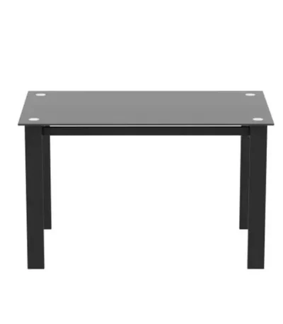 Modern black glass rectangular dining table with tempered glass top and simple metal legs for living room or kitchen use