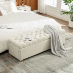 Goldoma 60.2 inch beige chenille storage bench with tufted flip top and wooden legs