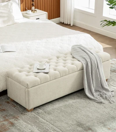 Goldoma 60.2 inch beige chenille storage bench with tufted flip top and wooden legs