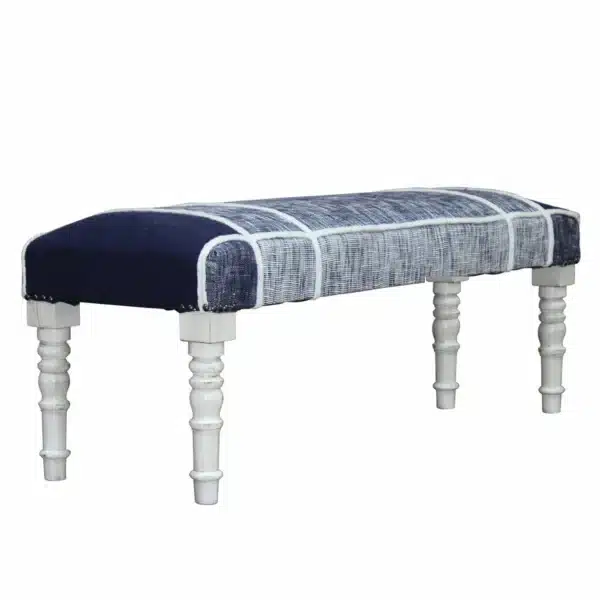 47-Inch Upholstered Bench in Blue and Gray with White Legs
