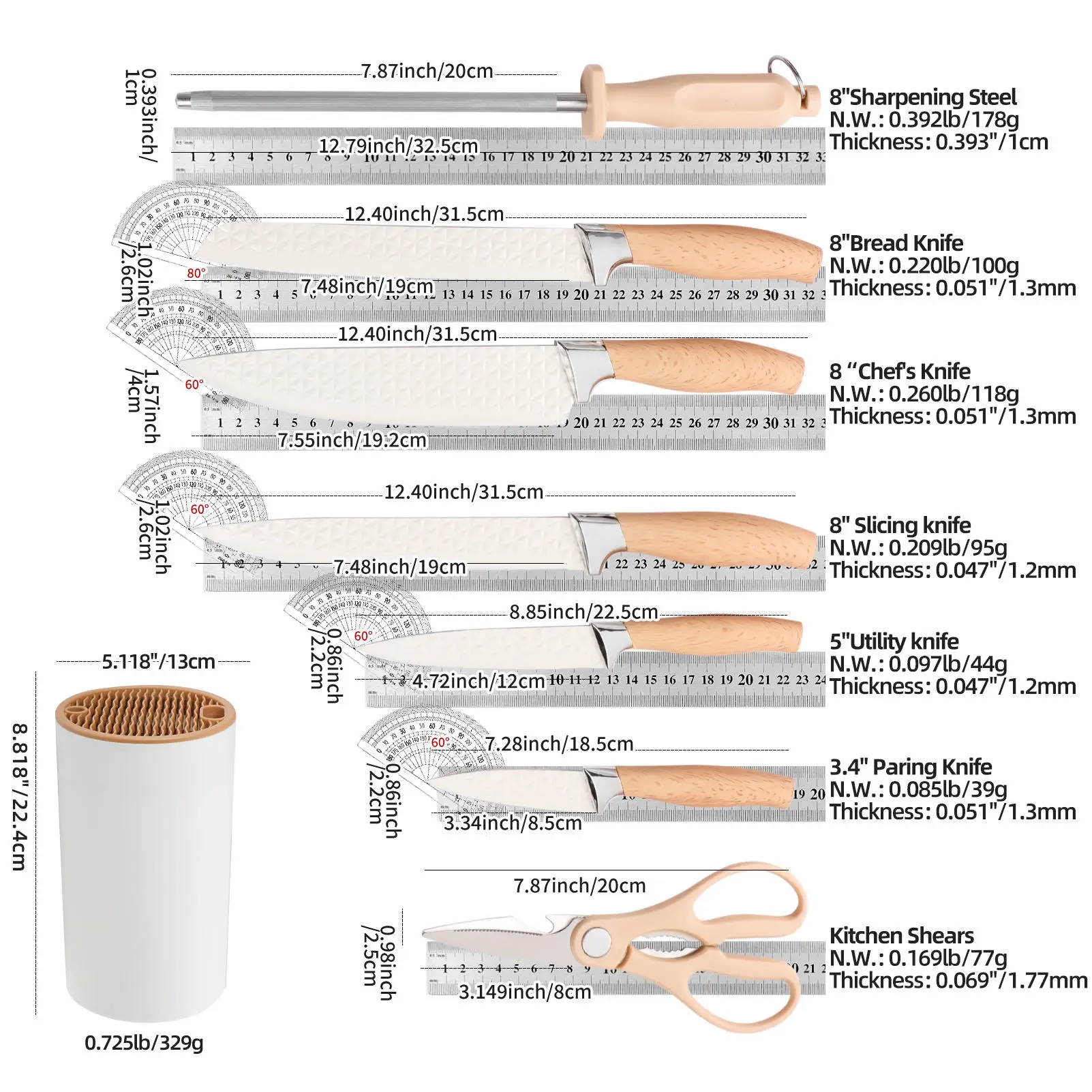 IOKO 7 PCS Stainless Steel Knife Set Utility Chef Slicing Sushi Steak Santoku Vegetable ABS Plastic Handle Kitchen Knife Set