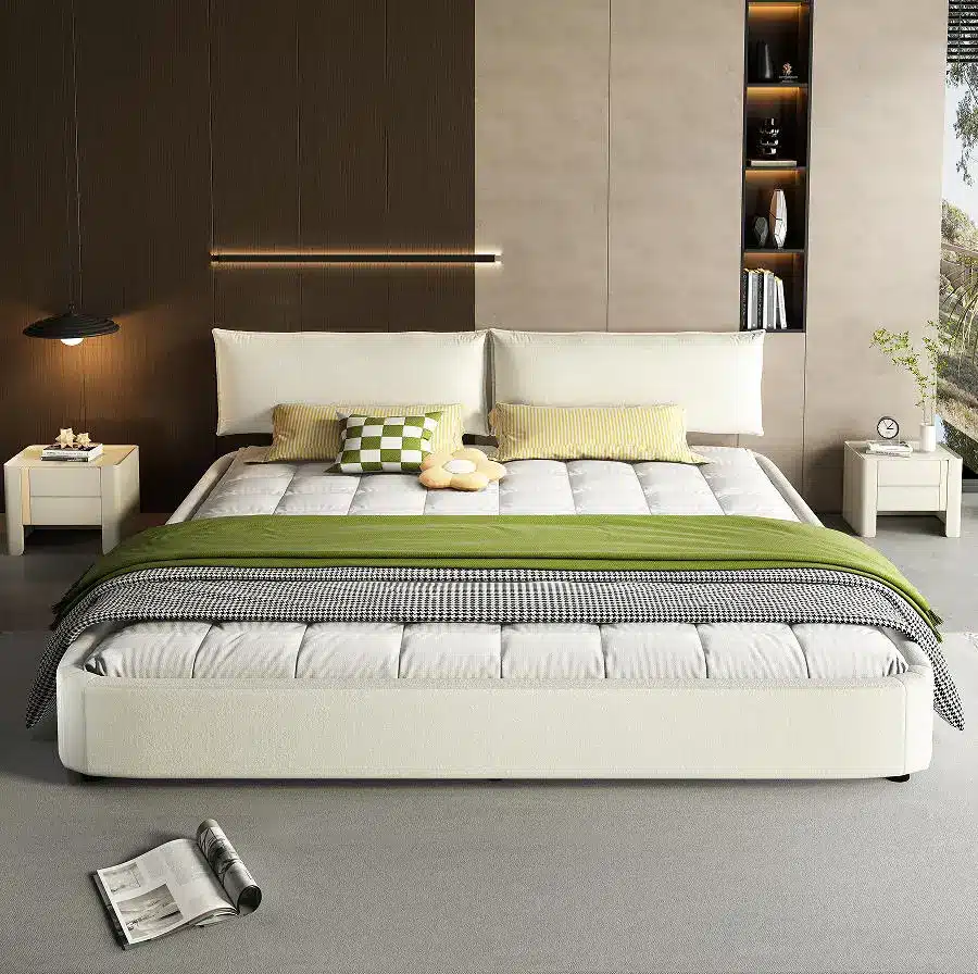 Goldoma King Size Cloud Bed Frame with Oversized Padded Movable Headboard, Chenille Upholstered Bed with Round Corners