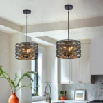 Rustic industrial 3-light pendant light with wood trim, suspended at different heights over a kitchen island with