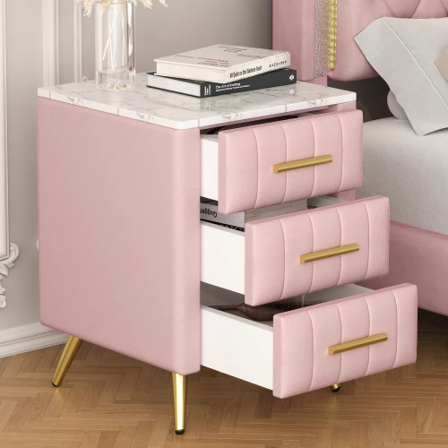 H9cd9a99b8d0d4340bd9f987b87dc2ae1D.webp Modern upholstered nightstand with 3 drawers and metal legs in bedroom setting