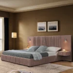 Goldoma convertible upholstered bed frame queen in chenille fabric with pleated headboard and solid wood frame