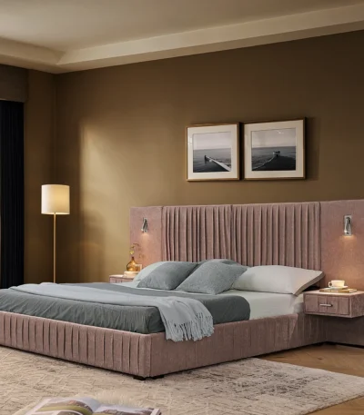 Goldoma convertible upholstered bed frame queen in chenille fabric with pleated headboard and solid wood frame