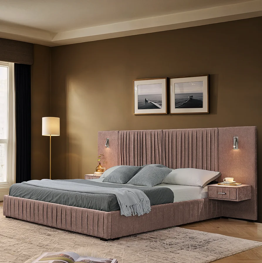 Goldoma Modern Convertible Upholstered Bed Frame – Chenille Fabric, Pleated Platform Bed with Goldoma Modern Convertible Upholstered Bed Frame – Chenille Fabric, Pleated Platform Bed with Headboard, Solid Wood Frame,