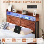 Goldoma queen bed frame with storage headboard, charging station, and LED lights in a modern bedroom setting
