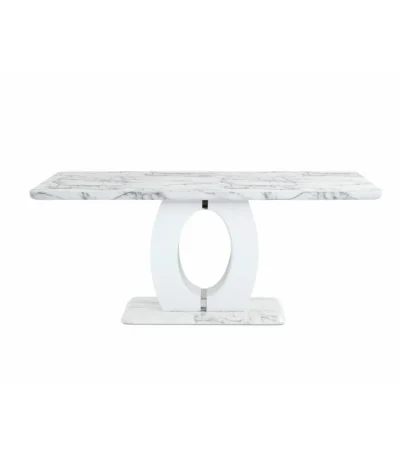 71 inch white marble dining table with pedestal base and chrome accents in a contemporary dining room setting