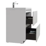 The 30-inch vanity with painted stone basin and soft closing doors, placed in a commercial bathroom sample showroom.