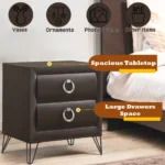 Modern bedroom nightstand with dark merlot finish, two drawers, and ring handles by Goldoma
