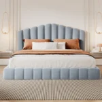 Goldoma queen bed frame with velvet upholstered shell-shaped headboard in light blue