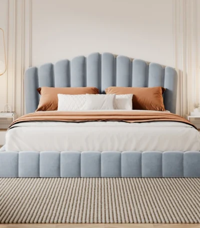 Goldoma queen bed frame with velvet upholstered shell-shaped headboard in light blue