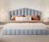 Goldoma Queen Size Bed Frame with Velvet Upholstered Shell-Shaped Headboard - Modern Design, Light Blue