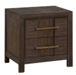 Modern wood nightstand with drawers in a bedroom setting, showcasing two spacious drawers and a warm wood finish