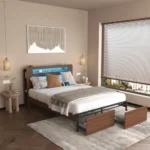 Modern queen bed frame with LED lights and charging station from Goldoma
