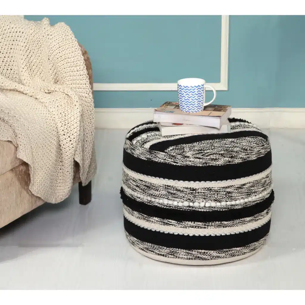 Goldoma 18" White Cotton Cylinder Striped Pouf Ottoman - Foot Stool & Extra Seat – close-up detail