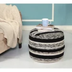 Goldoma 18" White Cotton Cylinder Striped Pouf Ottoman - Foot Stool & Extra Seat – close-up detail