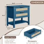 Rattan nightstand with drawers and storage shelf in turquoise finish, boho bedside table for bedroom