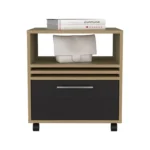 Modern rolling nightstand with one drawer and shelf in natural oak and black finish, placed beside a bed
