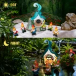 Side view of gnome house figurine with solar panel on roof, surrounded by small potted plants.