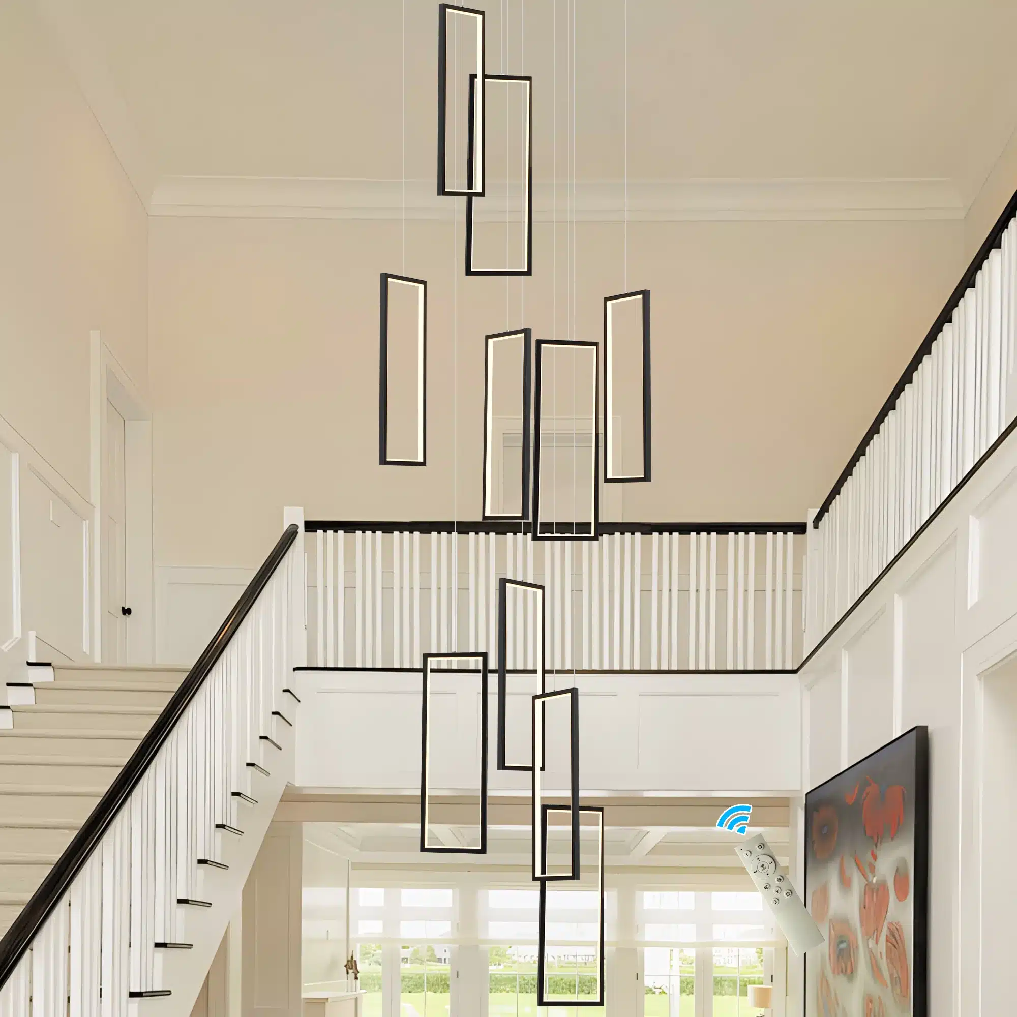 Modern 10-Light Dimmable LED Chandelier, Black Rectangle Pendant Light with Remote for High Ceilings, Staircase, Foyer, Entryway