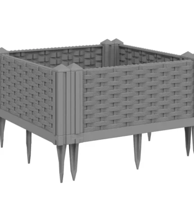 Light grey polypropylene garden planter on a wooden deck with green plants inside