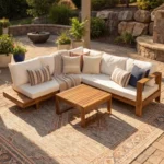 4-Piece Modern Solid Acacia Wood Outdoor Patio Sofa Set with Coffee Table Waterproof Cushions Beige