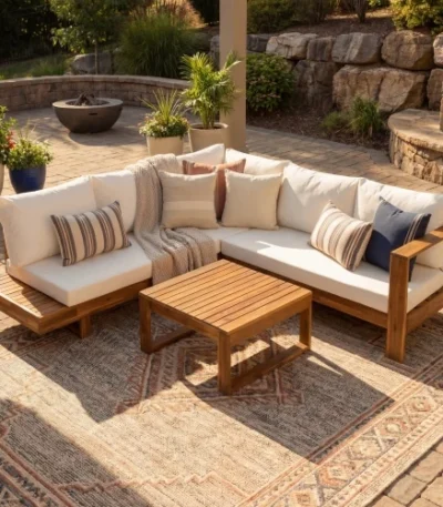 Modern outdoor sofa set with acacia wood frame and beige cushions on patio