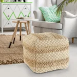 Goldoma 18" Tan Striped Woven Rattan Pouf Ottoman - Square Foot Stool for Living Room, Bedroom, and Entryway – top view