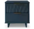 Midnight blue two drawer nightstand with vertical panel design and wooden handles in a bedroom setting