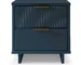 Midnight blue two drawer nightstand with vertical panel design and wooden handles in a bedroom setting