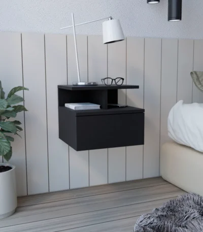 Adele floating nightstand black in a modern bedroom with drawer and open shelves for storage