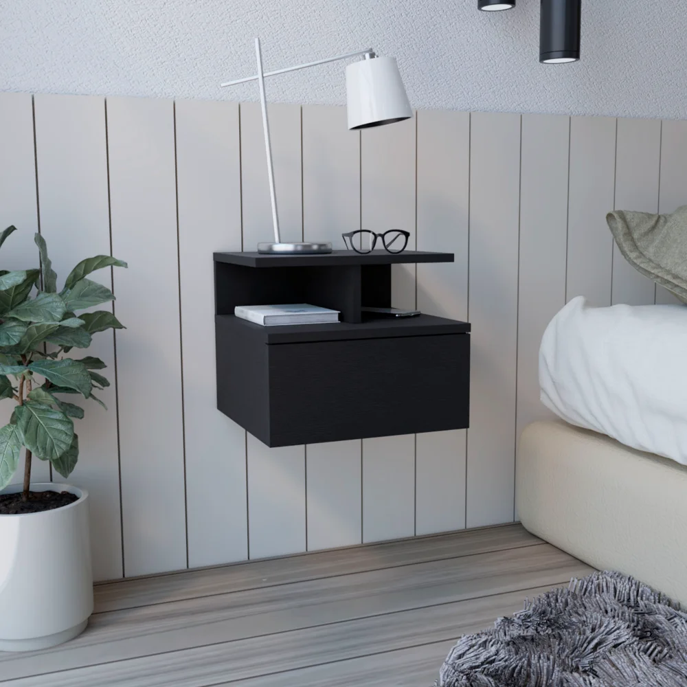 H9f87304f8a844c798a0a19349658c2e4A.webp Adele floating nightstand black in a modern bedroom with drawer and open shelves for storage