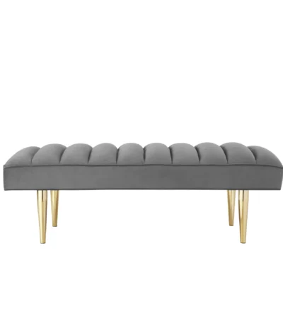 Goldoma 53 inch light gray velvet bench with gold metal frame in a bedroom setting