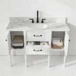 Spacious bathroom with a freestanding vintage vanity, mirror above, and soft lighting emphasizing the warm wood tones.