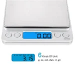Digital kitchen scale 500g with stainless steel surface and LCD display showing weight